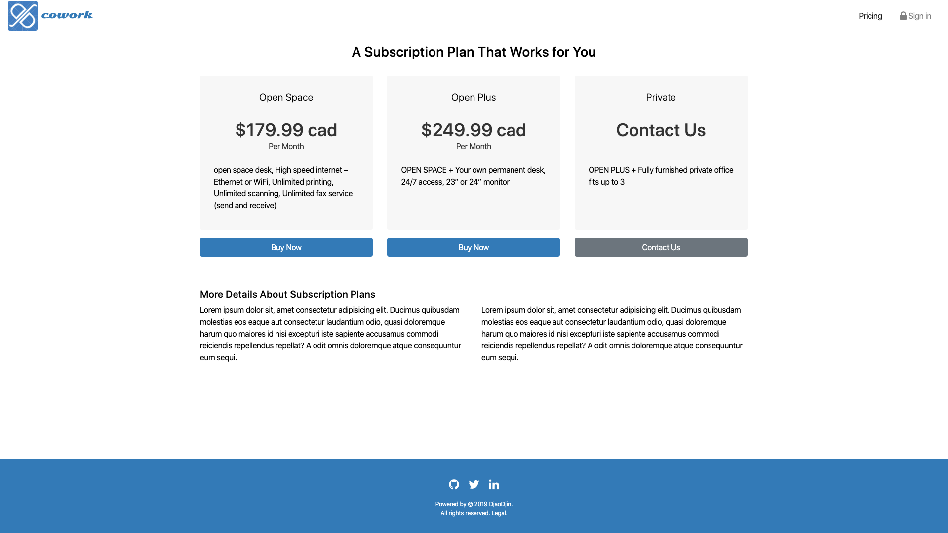 screenshot of pricing page